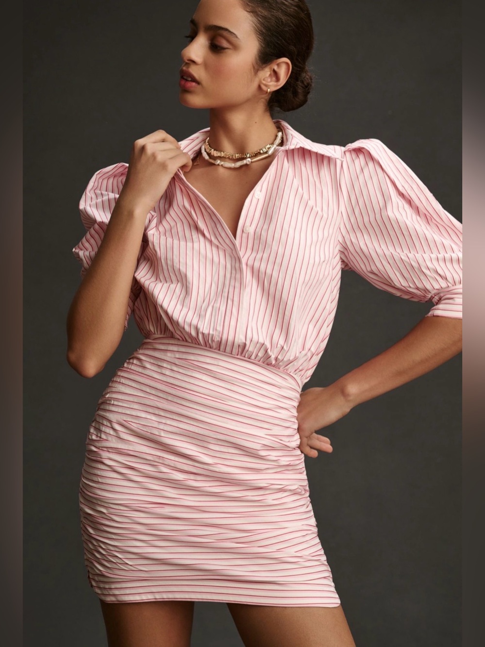 Maeve Fitted Ruched Mini Shirt Dress – Pink Stripe – Size M – NWT 💕